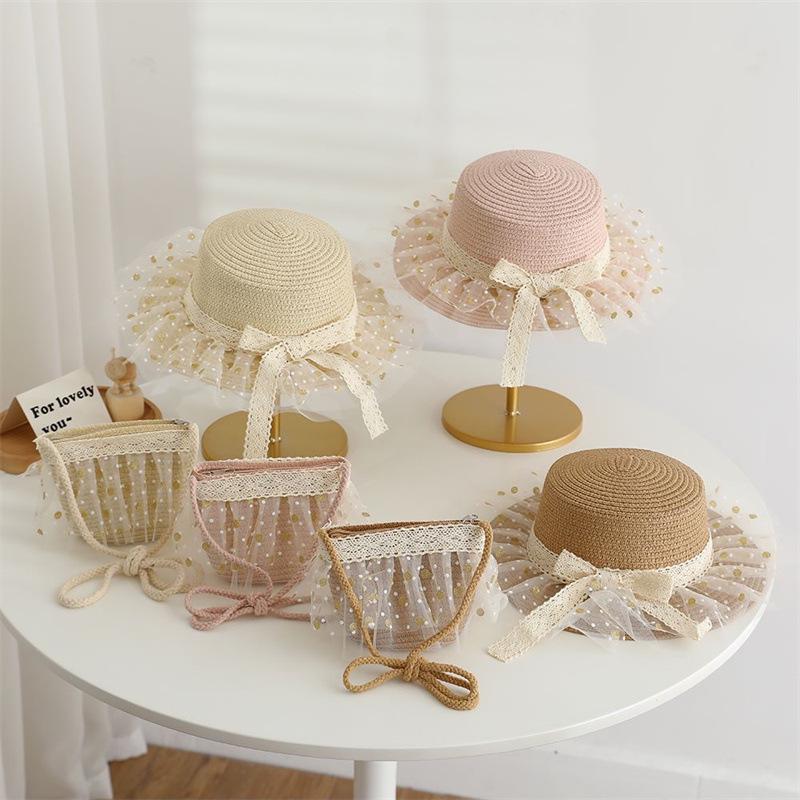 Girls' Lace-Up Straw Sun Hat & Bag Set