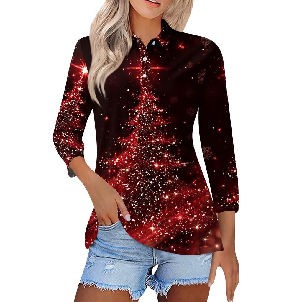 Mote dame casual revers kort 3/4 ermet juleprint skjorte dame knapp opp topper