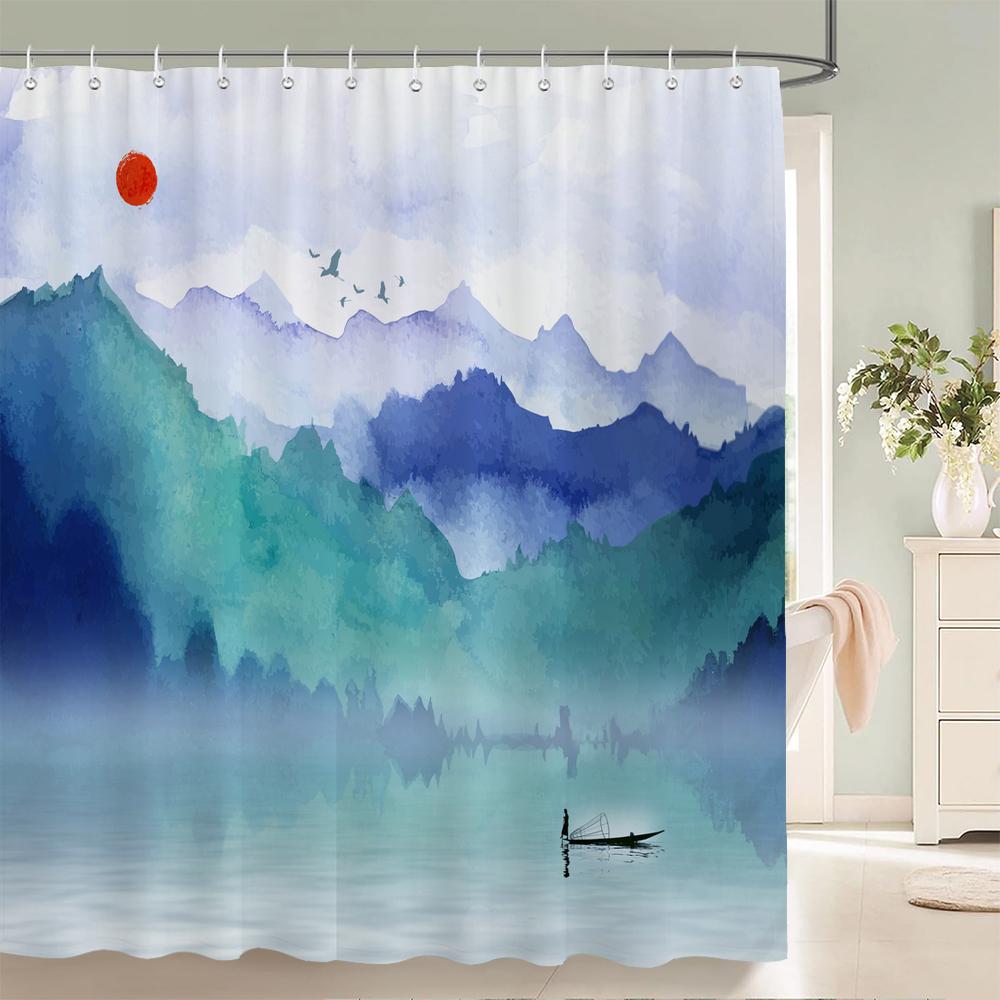 Chinese Ink Painting Landscape Bath Curtain Waterproof Shower Curtains Marble Pattern Bath Screen Printed Curtain For Bathroom