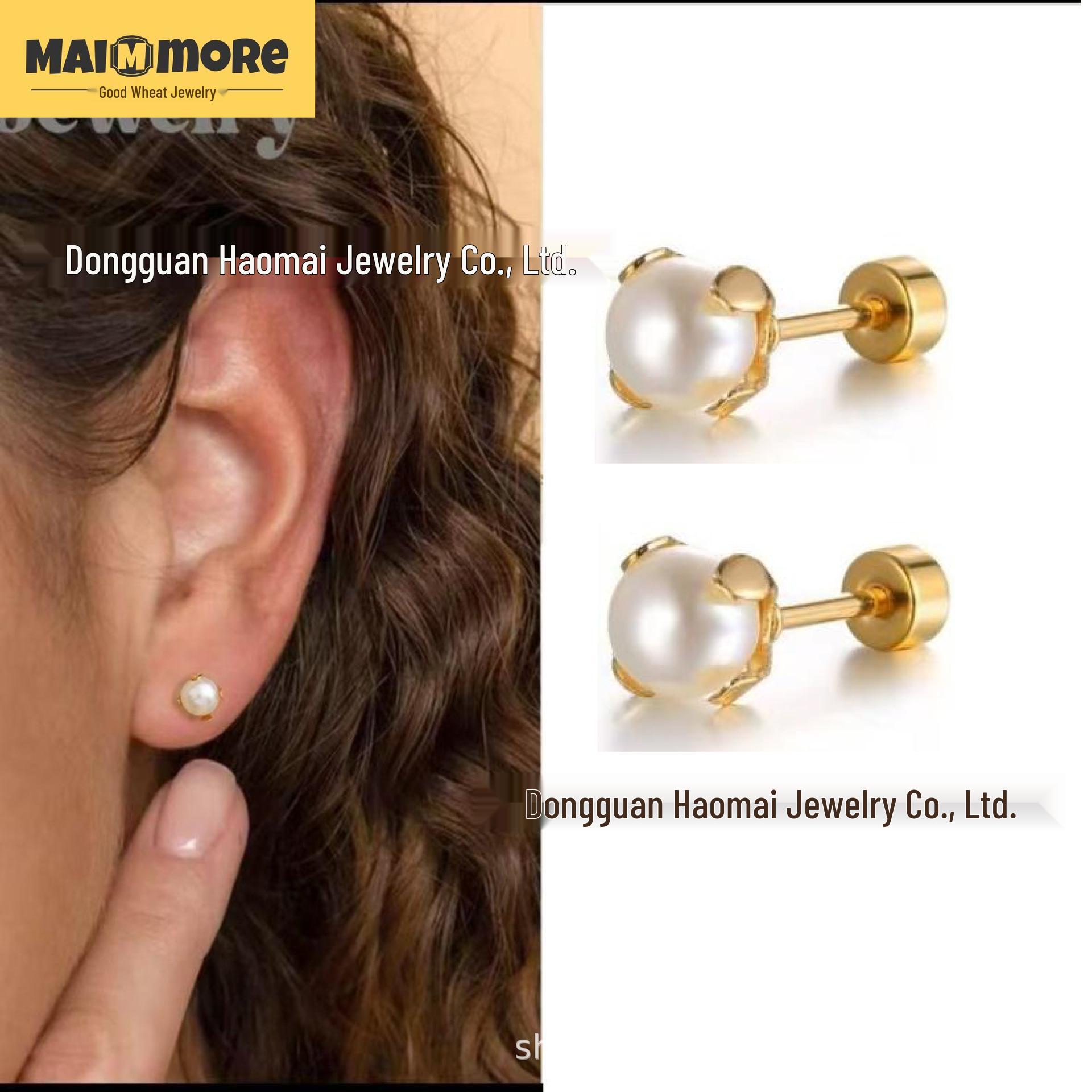 

Гвинтові сережки-цвяшки з нержавіючої сталі з перлами для жінок, простий та елегантний дизайн, маленькі прикраси для вух Gold #4 Pearl