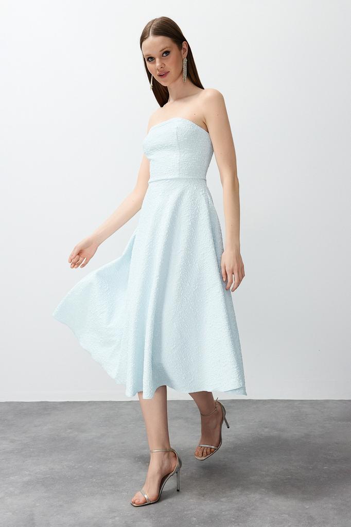 Women's Dress New Season Fashion Blue Skater Stylish Evening Dress with Waist Opening