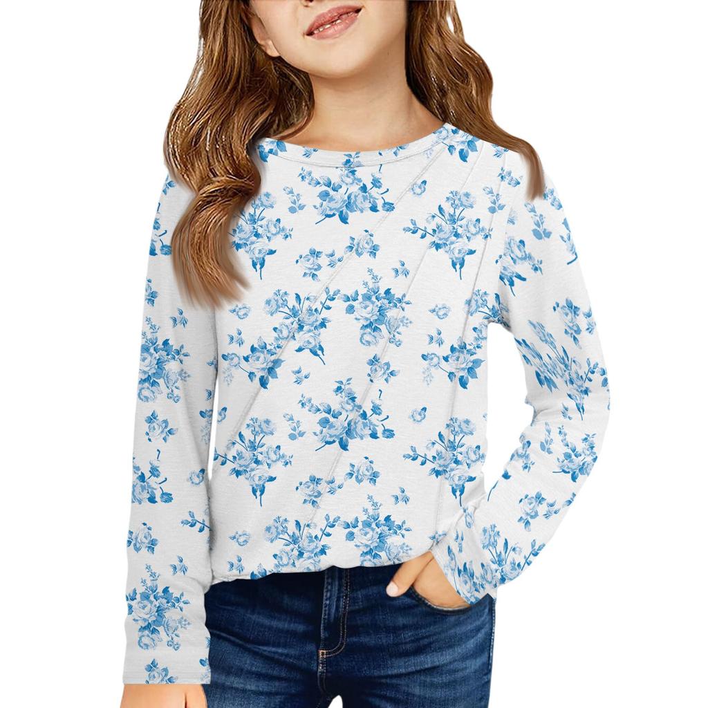 Girls' Long Sleeve Tee - Pleated Round Neck Casual Top