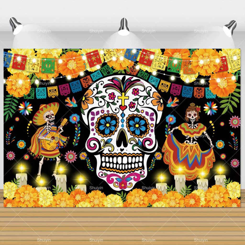1pc Mexican Day of the Dead Background Skeletons Guitar Dia De Muertos Festive Decoration Party Supplies Fiesta Photo Shoot Prop