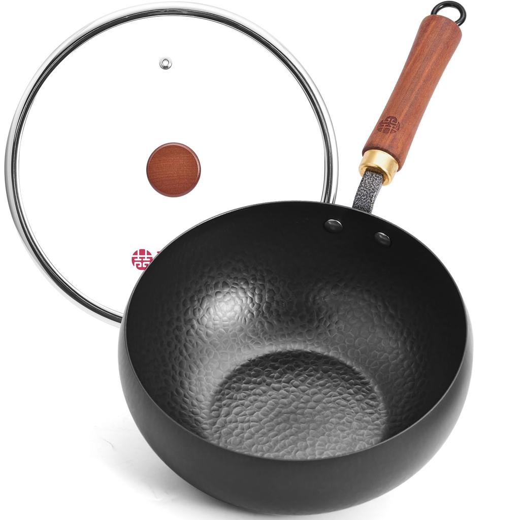 Wang Yuanji Wok, 24cm, Iron, Deep, Flat Bottom, Hammered Finish, Unpainted, Non-stick, High Heat Compatible, Gas Stove Compatible, Home Use, Chinese C