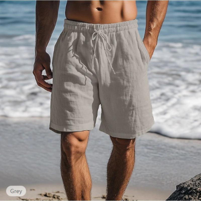 New Linen shorts, drawstring elastic waist, Solid color breathable daily beach five-point casual pants