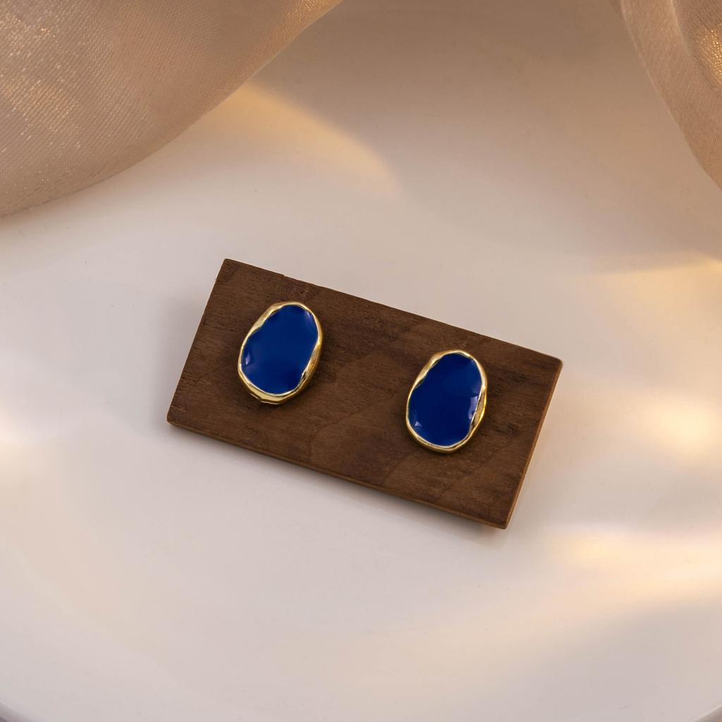French Retro Irregular Geometric Dark Blue Oil Drop Earrings, Niche Simple Light Luxury High-End Jewelry