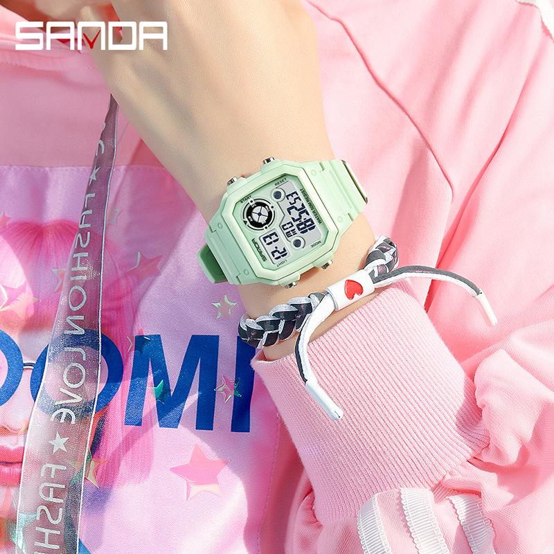 Sanda Unisex Fashionable Square Luminous Multifunctional Waterproof Electronic Watch