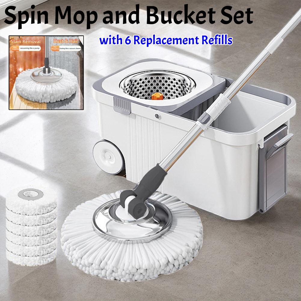 360° Otočný čtvercový mop Spin Mop a sady kyblíků se 6 náhradními hlavicemi Oddělování špinavé vody od čisté pro čištění podlah