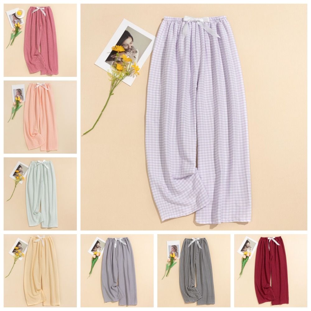 Sweet Plaid Pajama Pants High Waist Wide Leg Home Trousers Soft Casual Pants Women Spring Autumn