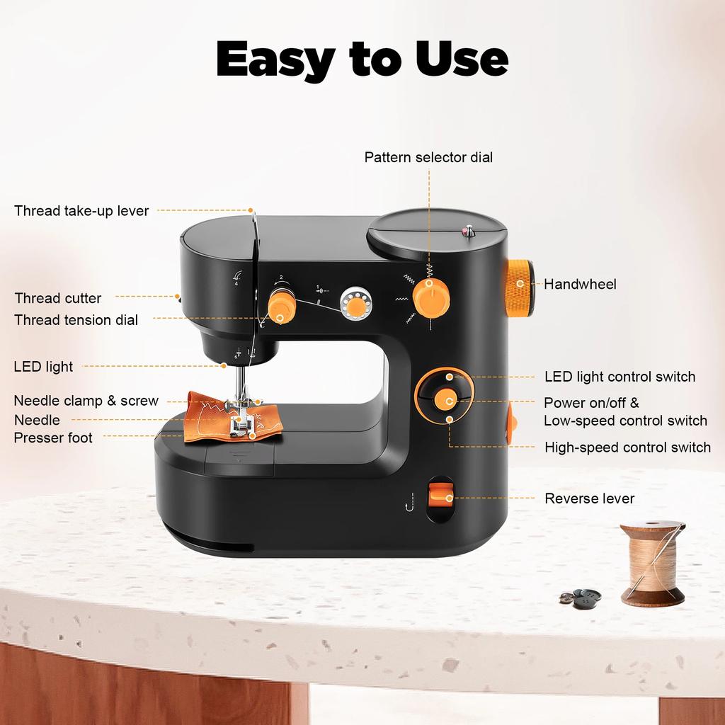 Black Portable Electric Home Sewing Machine with Two Modes and Five Sewing Methods, Compact Sewing Worktable with LED Lighting