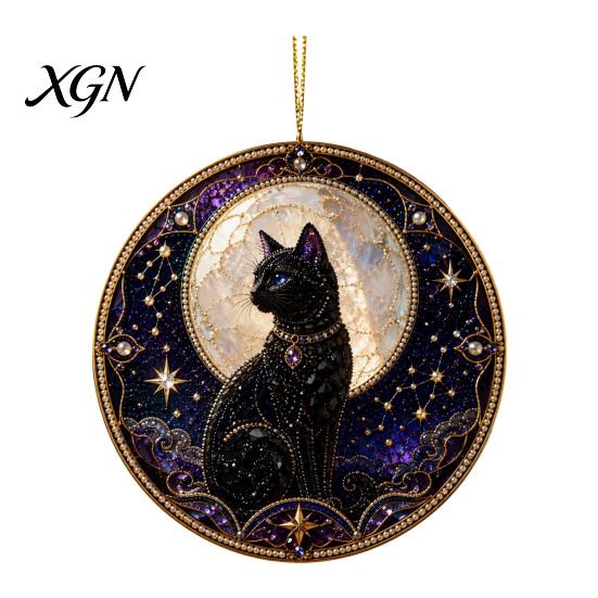 Precious Memory Commemorative Black Cat Pearl Diamond Art Painting Ornament, 2D Flat Acrylic Valentine Day Romantic Present Hanging Suncatcher, Beaded