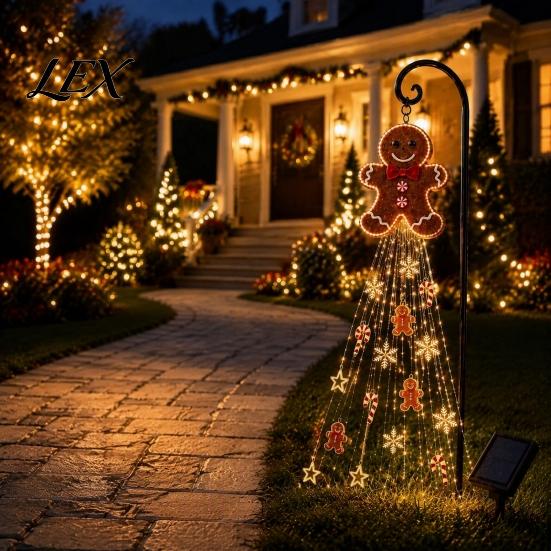 Festive Yard Stake Lights Gingerbread Solar Garden Light, Waterproof Outdoor Light with Warm Powered Snowman Alternatives Waterfall LED, Pathway Lamp