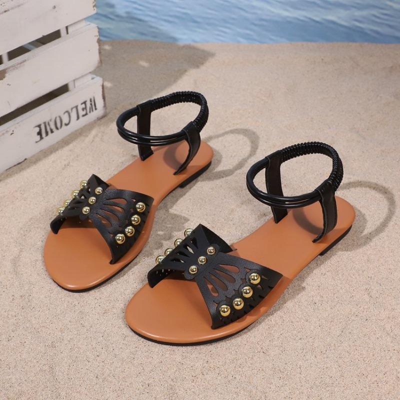 

Fashion Rivets Women s Flat Sandals Large Brown Butterfly Beach Shoes New 2025 Rubber Sole Open Toe 36 чёрный