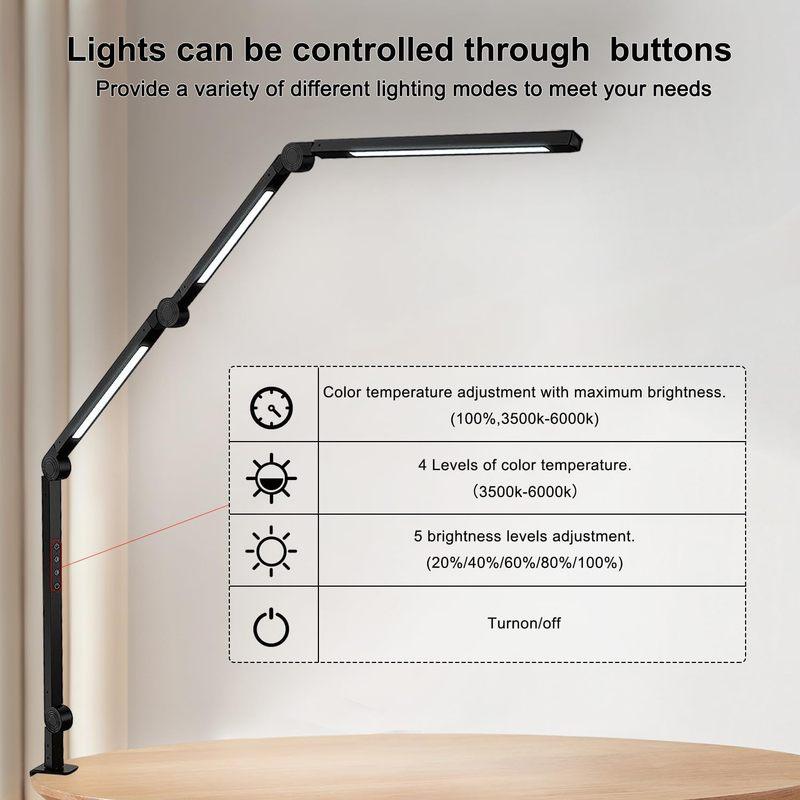 LED Desk Lamp with Clamp Flexible 4 Sections Swing Arm Three Light Sources Desk Light, 4 Color Modes & 5 Brightness