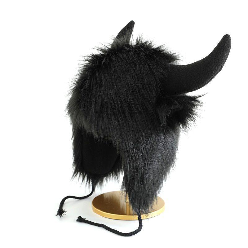 Funny bull head plush Lei Feng hat, women's winter warm ear protection, windproof and cold riding bull devil hat, Halloween