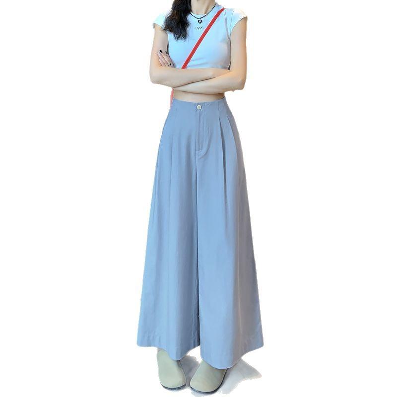 

Широкие брюки женские новые летние плиссированные тонкие полуэластичные брюки с девятью точками на талии XS светло-синий