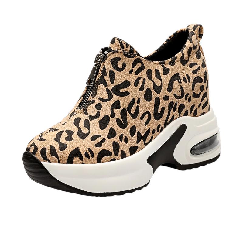 Women's Suede Platform Wedge Sneakers Hidden Heel Height Increasing Slip On Leopard Print Shoes