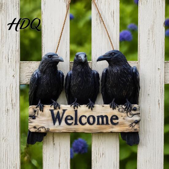 Unique Festival Gift Halloween Crow Door Hanger Sign Wooden Black Welcome Gothic Seasonal Hanging Plaque Rustic Vintage Outdoor Decor for