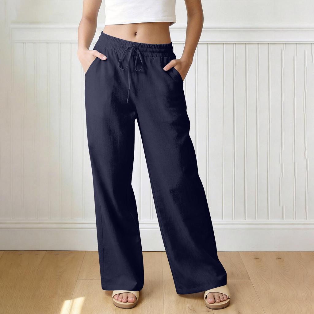 Pantaloni Larghi da Donna a Vestibilità Larga, Pantaloni Casual a Vestibilità Larga, Vita Alta Elastica, Pantaloni Lunghi con Tasche