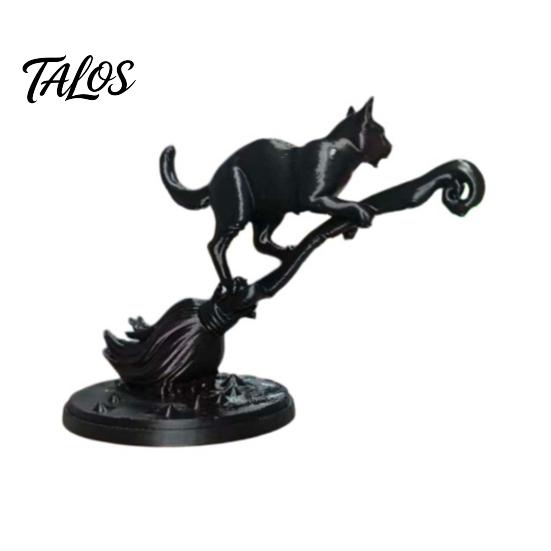 Black Cat Witch Decor on Broom Figurine, 3D Printed Broomstick Statue, Halloween Unique Desktop Ornament Tabletop for Tiered Tray, Desk, Table Statue