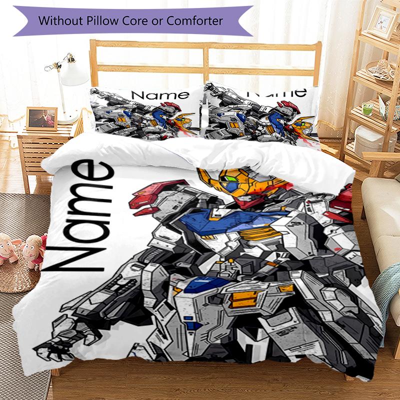 3pcs Custom Name Cartoon Mobile Suit Gundam Bedding Set Duvet Cover Closure Includes 1 Duvet Cover & 2 Pillowcases for All Seasons Bedroom Decor