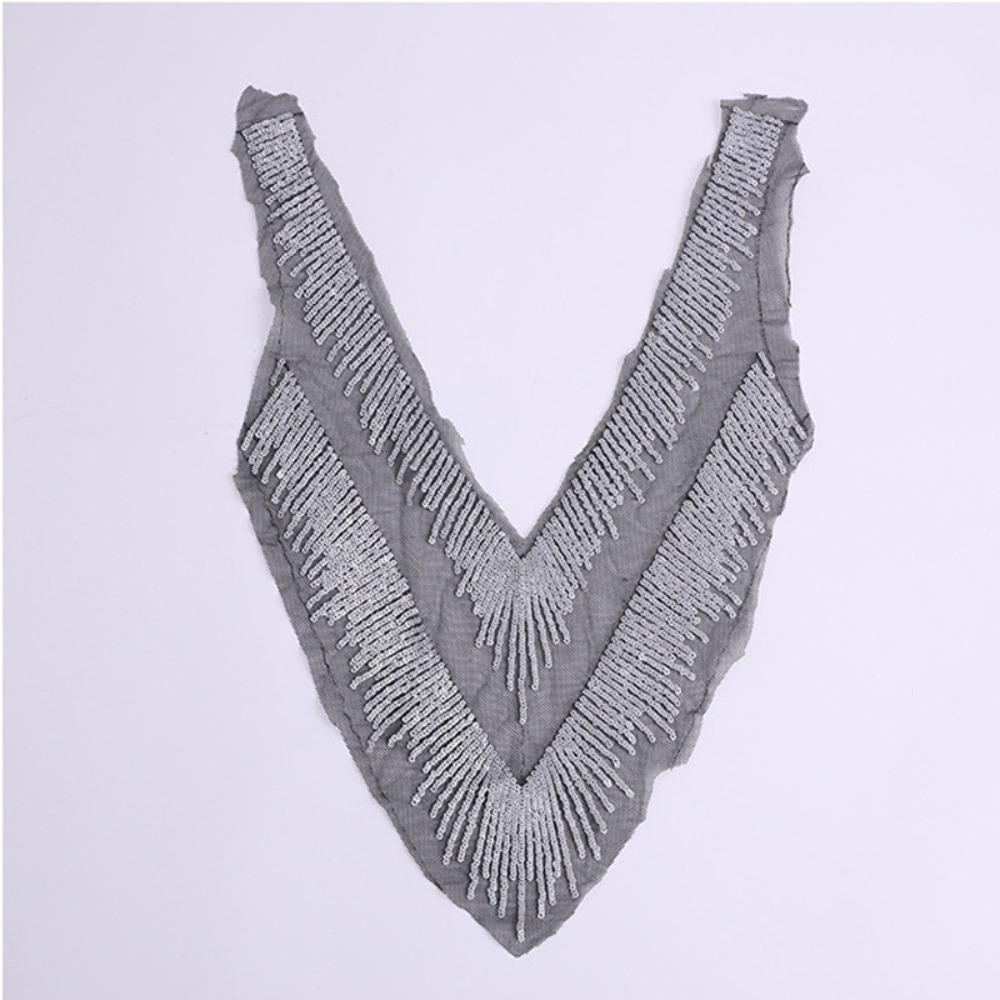 

Silver Sequins Embroidery Sequin Patch Black Mesh Lace Handmade Flower Patch Mesh Lace Appliques V Collar Design серебряный
