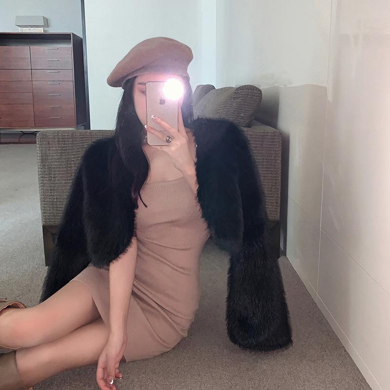 

Y2K Короткие пушистые шубы из искусственного меха норки осень-зима женские элегантные меховые куртки для женщин One Size чёрный