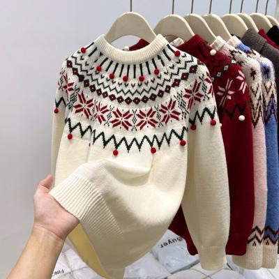 Autumn and Winter New Fair Island Sweater Women's Thickened Retro Jacquard Knitted Sweater Loose Design Versatile Bottoming Top