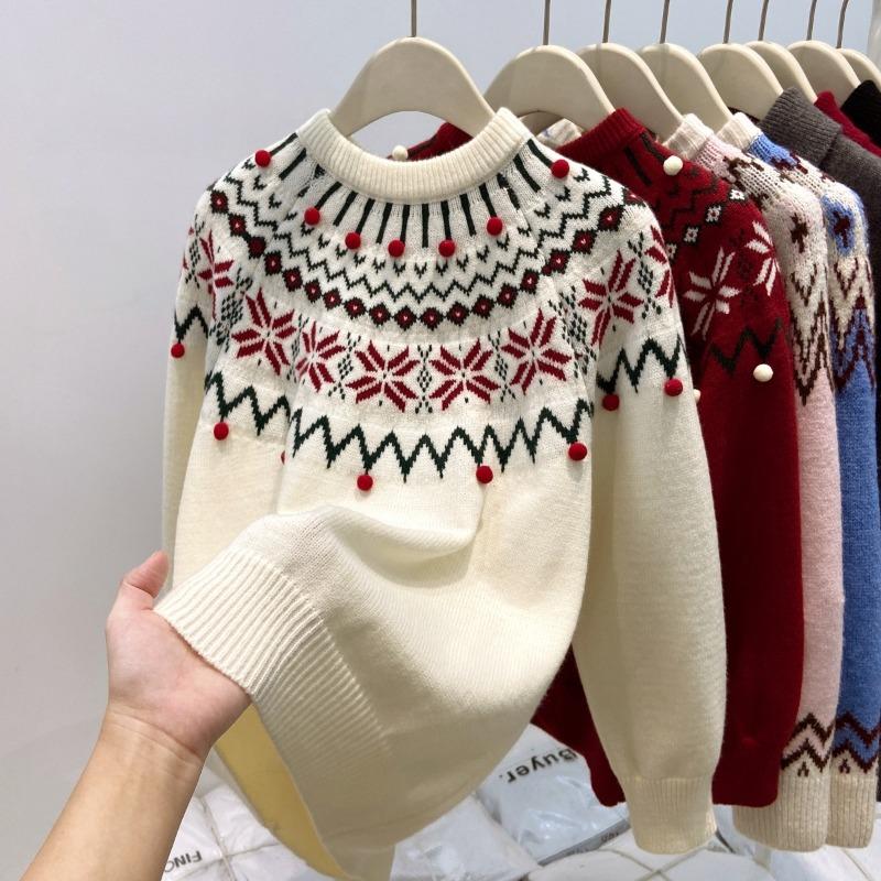 

Atmosphere new red jacquard sweater women s spring thickened warm loose bottoming top knitted sweater XL