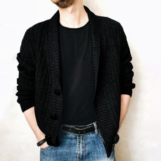 Men Sweater Cardigan Lapel Slim Leisure Single Breasted Solid Color Casual Cardigan for