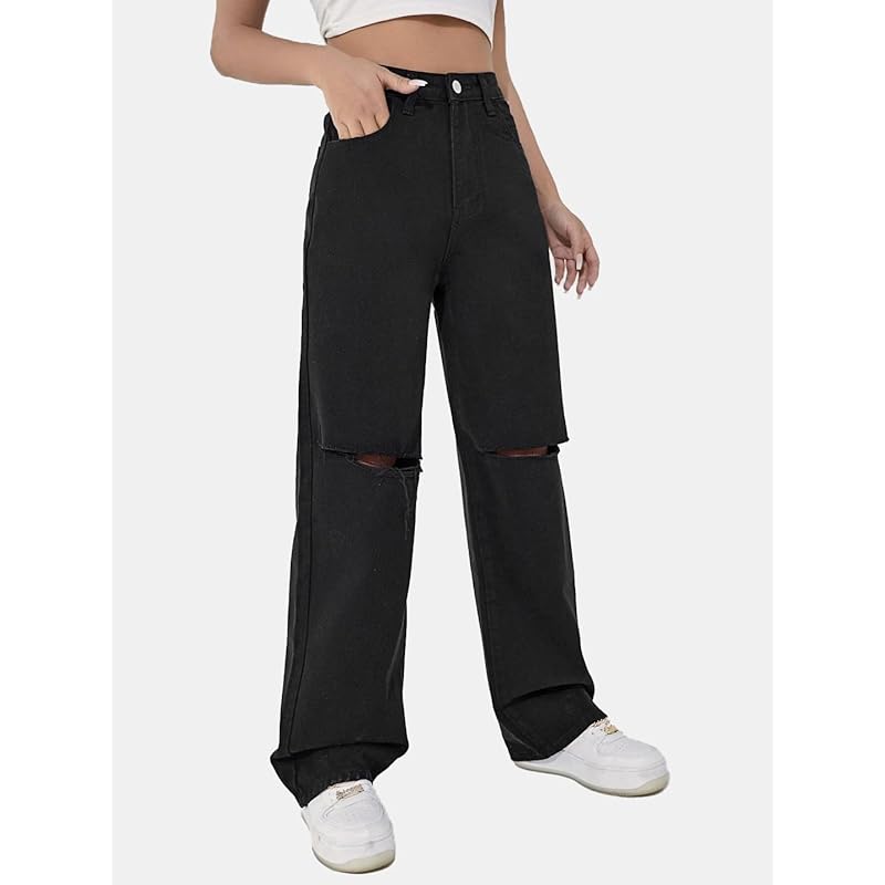 KOTTY Womens Solid High Rise Cotton Lycra Blend Relaxed Fit Jeans Oil Black 30