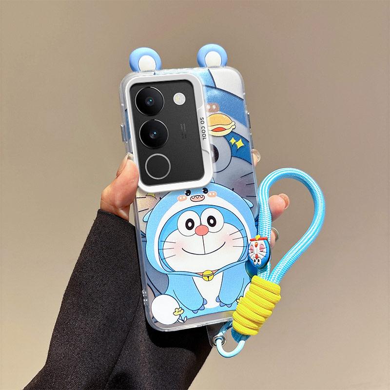 KEYSION Cute Ear Cartoon Case for VIVO V29 5G with Lanyard Soft Silicone+PC Shockproof Phone Back Cover for VIVO V29 5G