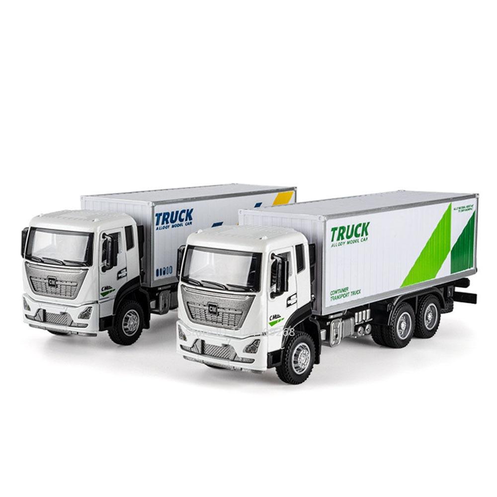 1/32 Scale Container Truck Model Car Toy Pull Back Music Light Metal Diecast Doors Opened Vehicles Toys for Kid Gift