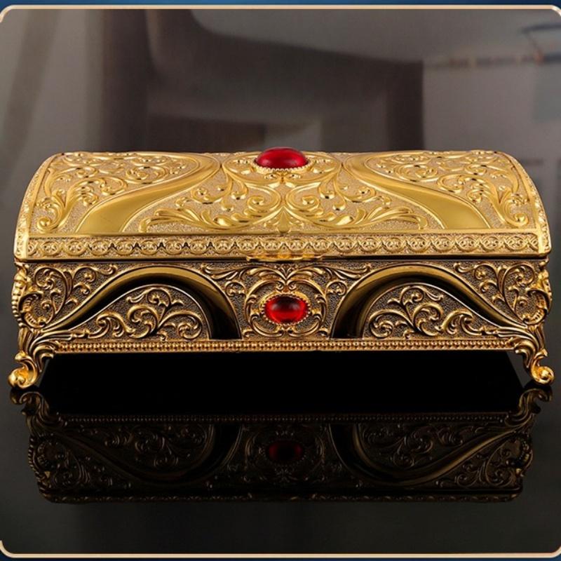 Evropský styl Úložný box na náhrdelníky Velký organizér, Obdélníkový slitinový uzávěr Vložený drahokam Nádoba na ukládání prstenů Skříňka na komodu