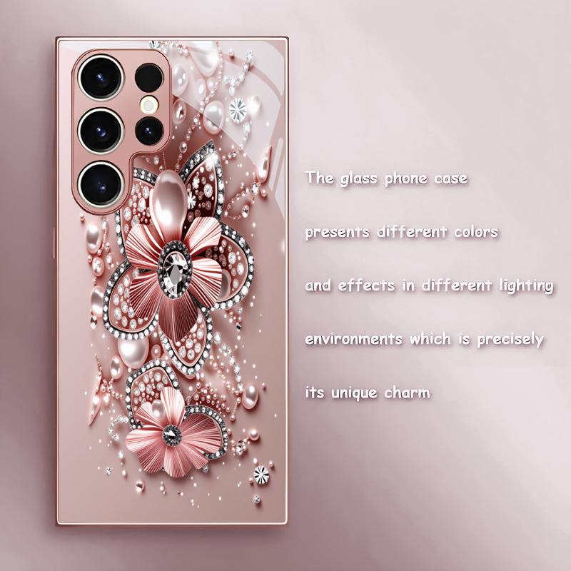 Rose Gold Jewel Bloom Pink Metallic Glass Phone Case For Samsung A33/A34/A36/A42/A50/A51/A52/A53/A54/A55/A56/70 71 72 Back Cover