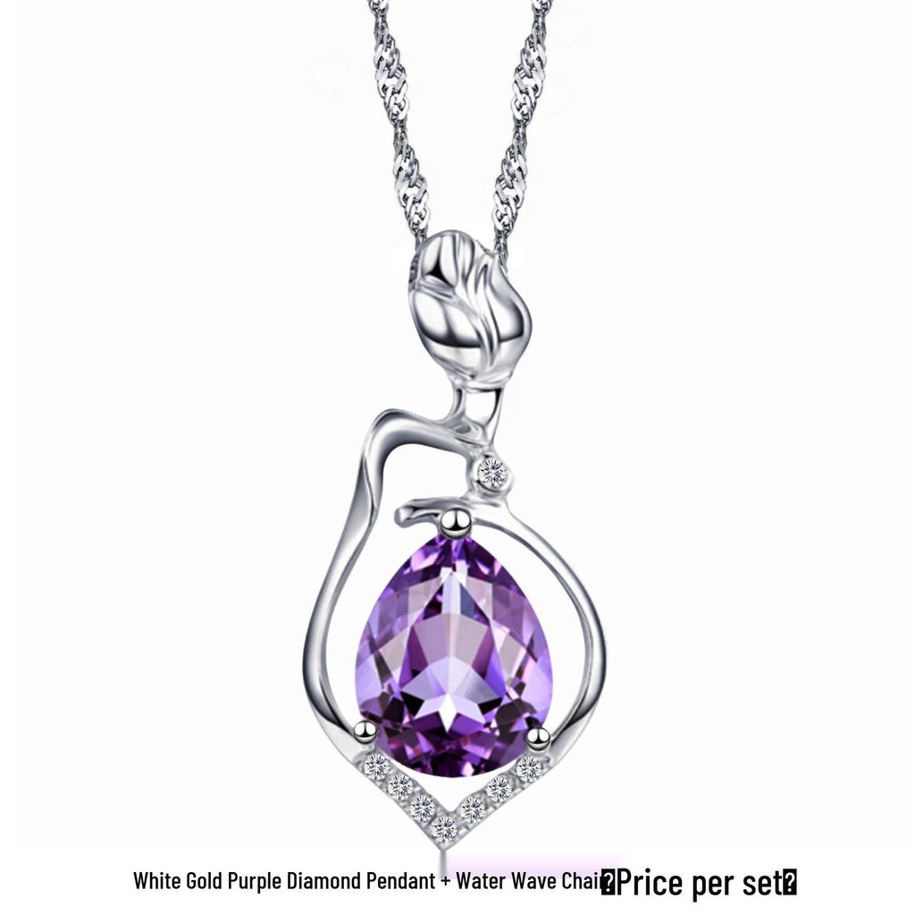 Amethyst Purple and Rose Diamond Pendant Women's Necklace - Short Clavicle Chain
