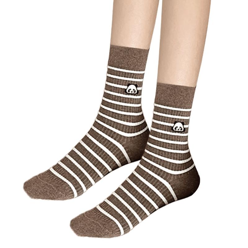 Striped Cotton Crew Socks with Cute Panda Embroidery for Women and Teens Korean Preppy Student Middle Tube Socks Hosiery