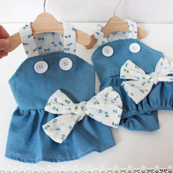 Summer Denim Pet Dress with Bow Button Flower Design Soft Dog Cat Halter Dress for Yorkies Pomeranians Shih Tzus Maltese And Poodles