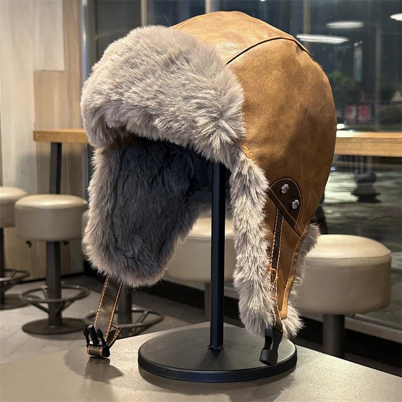 Leather Retro Lei Feng Hat for Men and Women In Winter Plus Velvet Thickened Warm Ear Protection Northeast Outdoor Cycling Cold Snow Hat
