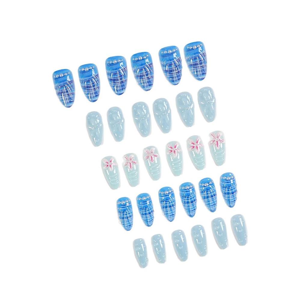 30pcs Handmade Blue & White Gradient Wearable Nails with 3D Pink Flower & Shell Pearl