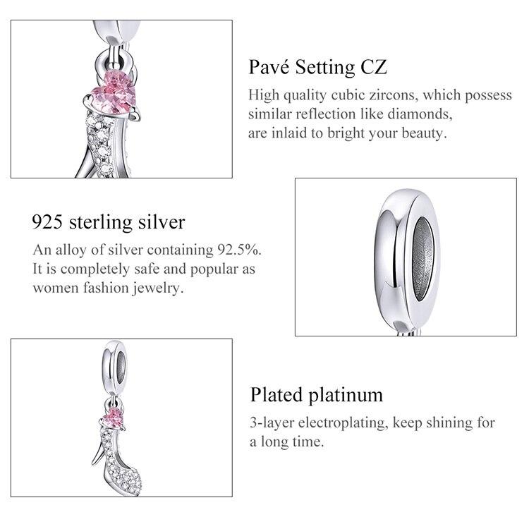 WOSTU Shiny Glass Slipper 925 Sterling Silver Heels Pink Heart Zircon Pendant Charm Fit Original Bracelet Jewelry