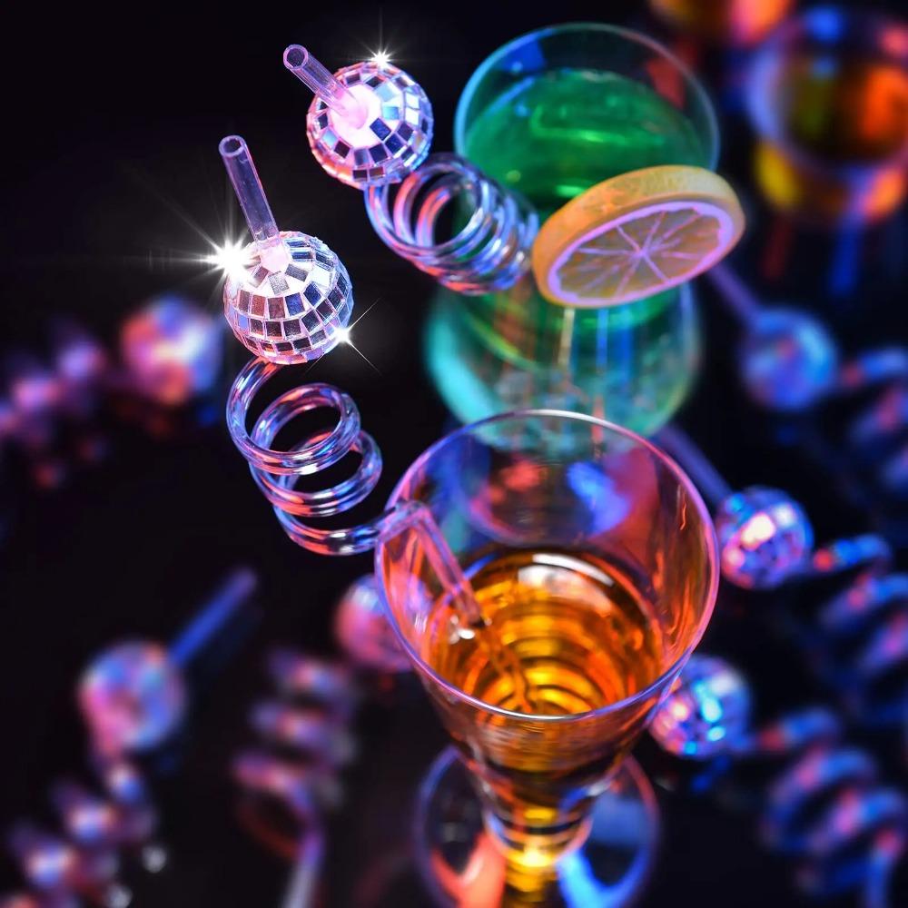 Multicolor Party Decoration Straws Spiral Bend Shiny Mirror Ball Straw  Party