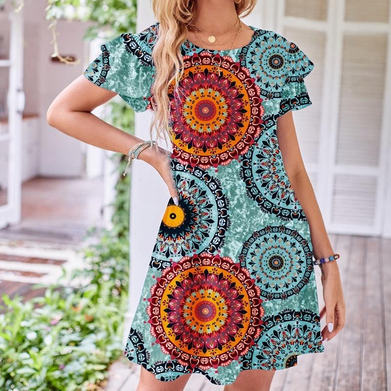 

Women s summer dress round neck short sleeve printed pocket dress