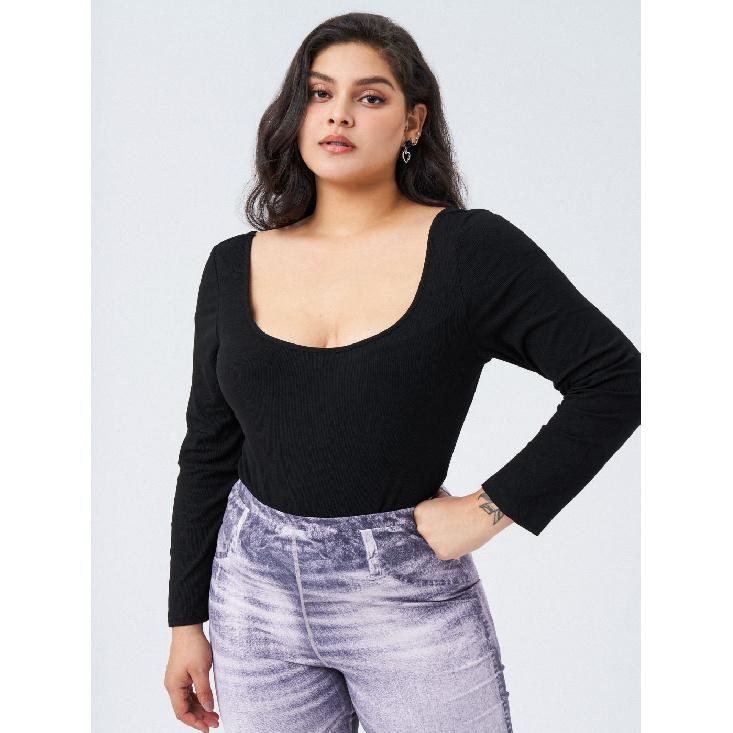

Square Neck Knitted Long Sleeve T-Shirt Elegant Versatile Jumpsuit 3XL чорний