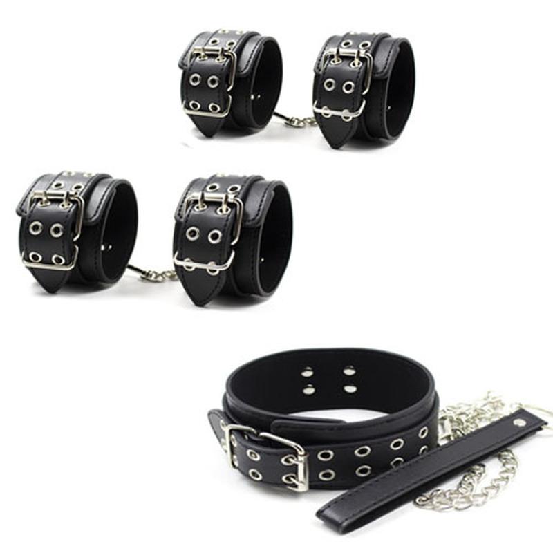 High Quality Black PU Leather Neck Collar Hand Cuffs Ankle Cuffs Sex Toys For Couples Slave Bondage   Restraints Kit