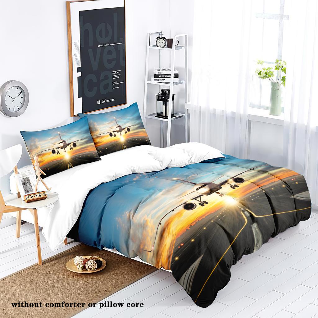 3-piece Down Duvet Cover with Blue Sky Airplane Pattern Print (1 Duvet Cover+2 Pillowcases, No Core) Comfortable Bedding Set