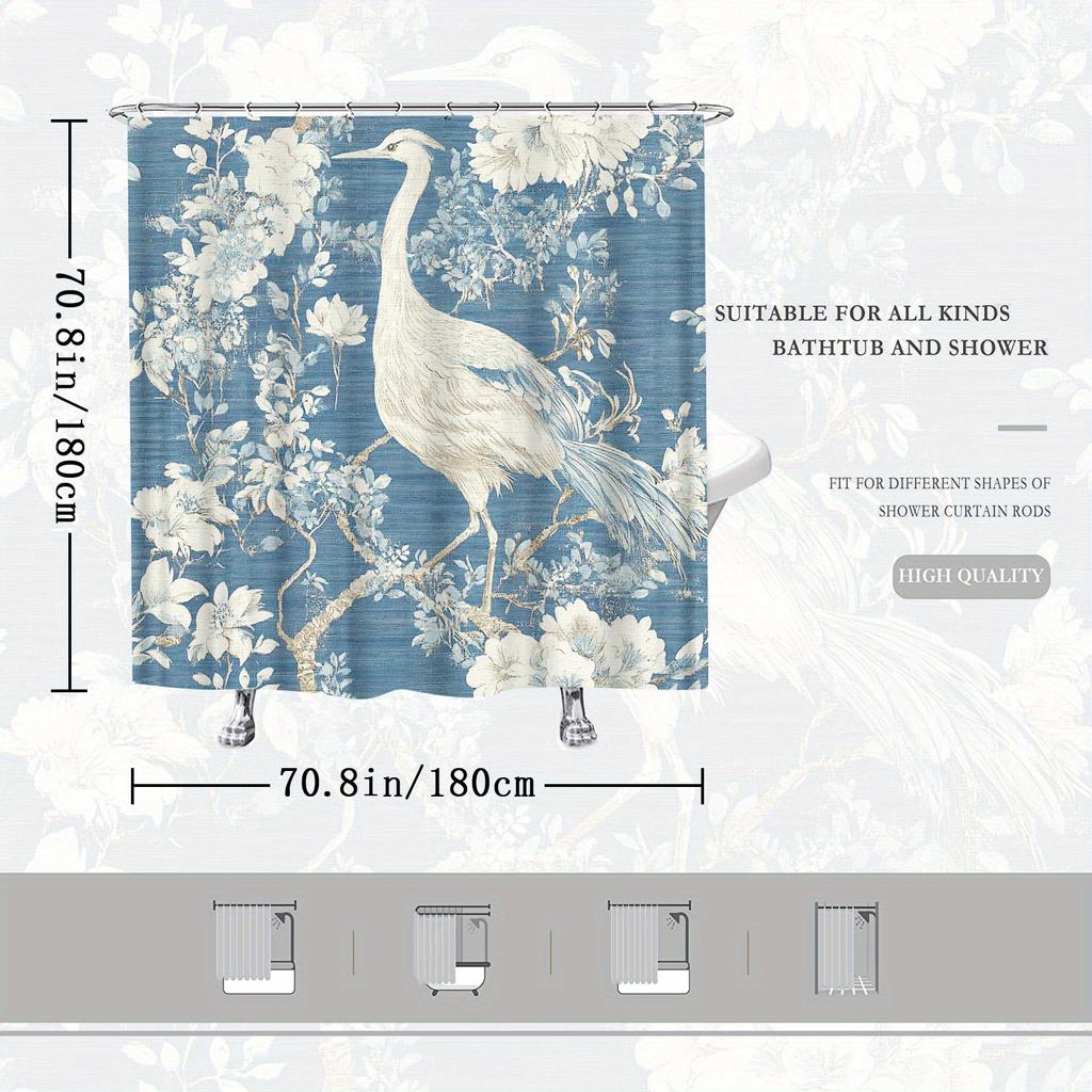 Serene Heron Bath Curtain – Navy Floral, White Bird On Branch, Watercolor Print, Waterproof Poly, 70×70", 12 Hooks