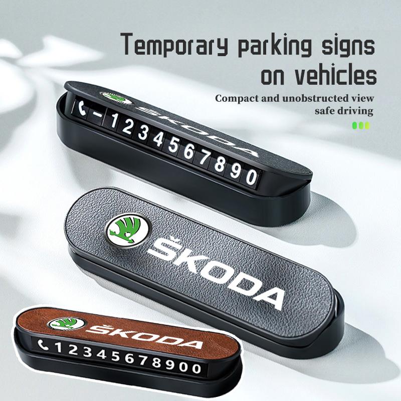 OENU7 Suede Leather Car Temporary Parking Card Phone Number Plate For Skoda Kamiq Karoq Octavia 2 3 Rapid Scala Kami Fabia VII VRS