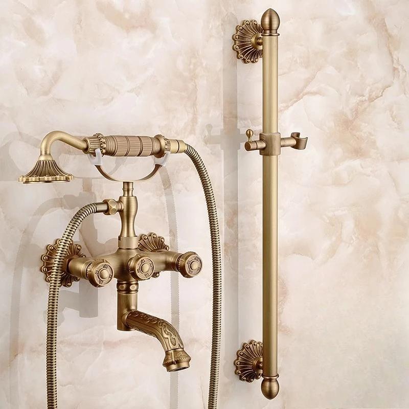 Retro Bathroom Bathtub Faucet Wall Mounted Hand-operated Showerhead Antique Brass Simple Showerhead Set for Bathing