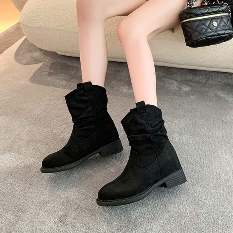 Retro runde Spitze Stapelstiefel Herbst neu merard hoher Absatz Western Cowboy Ritterstiefel mittelhohe Stiefel kurze Stiefel